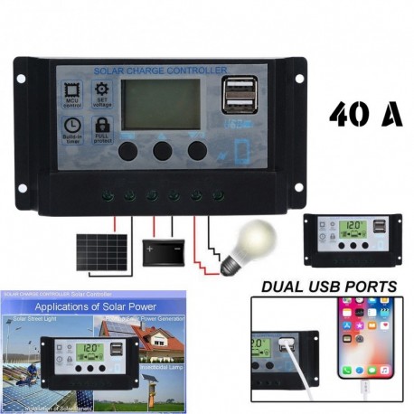 1x 12V / 24V LCD 30A napelemes töltővezérlő PWM Dual USB töltésszabályozó panel Ezüst