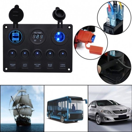 5 Gang kapcsoló vezérlőpult 2 USB és Voltmeter LED szinkron 12V / 24V Autó hajó