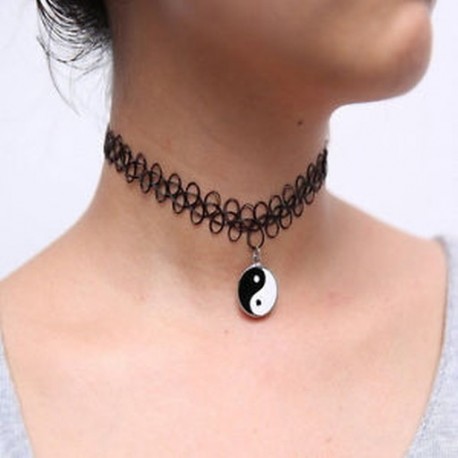 Yin és Yang Tattoo Choker rugalmas nyaklánc medál Grunge 90-es évek Ying Fesztivál Új