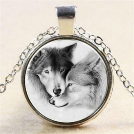 Vintage ékszer Wolf fotó Cabochon üveg medál tibeti ezüst lánc nyaklánc