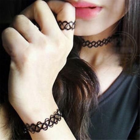 1 Készlet Retro Stretch Tattoo Choker nyaklánc karkötő gyűrű fekete elasztikus Boho