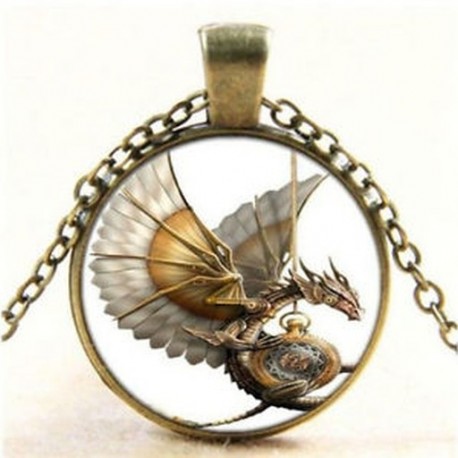 Vintage Steampunk sárkány fotó Cabochon üveg bronz medál nyaklánc ékszer