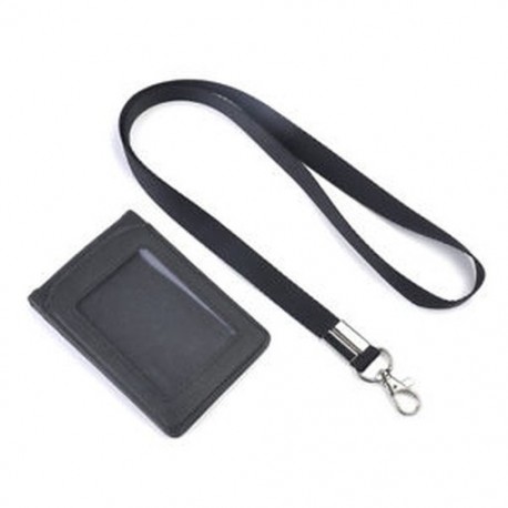 Fekete Bőr Pocket Pénztárca Üzleti azonosító jelvénykártya Hitelkártya tartó Neck Strap Lanyard