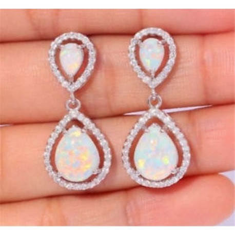 Nő 925 Ezüst Fehér Topáz Opal Dangle Fülbevaló Divat Esküvői Születésnapi Ajándék