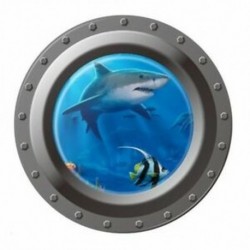 Cápa, óceánra néző falimatrica 3D lőrésű ablak, gyerekszoba, lakberendezés Art J1F3