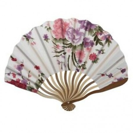 Bézs bambusz bordás virág nyomtatott kagyló alakú összecsukható kézi ventilátor fehér E3D4