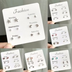 6 pár / készlet Heti Aranyos Fényes fülbevaló Csillagok Szív Crytal Fashion Stud Egyszerű, elegáns ékszer