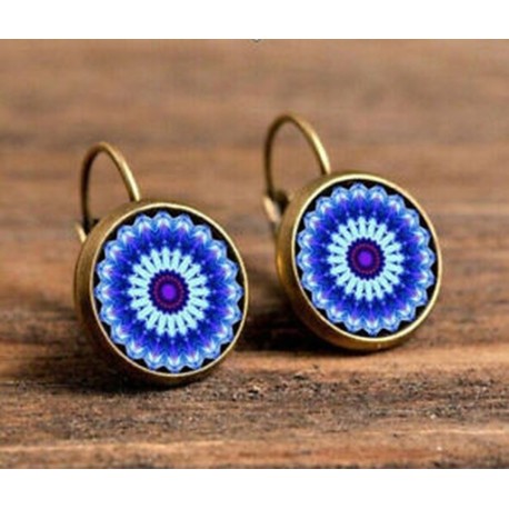 Kék Mandala bronz üveg cabochon 18 mm-es kézzel készített fülbevalók ékszerek GB30