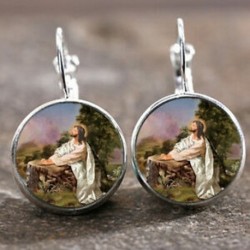 2 db / 1 pár Jézus Krisztus Szent Fiú ezüst divatos üveg (18 mm) karos hátsó fülbevalók