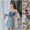 Női magas derék rövid szoknya lány cukorka színű kockás vékony hasított Avonalú ruha