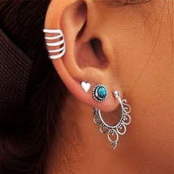Nincs szín - 4db / szett női bohém nagy kör fülbevaló fülcsipesz ezüst szívű ékszer