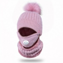 Rózsaszín - UK_ női téli meleg kötött sapka Pompon kalap sál nyakbőr arcvédő készlet