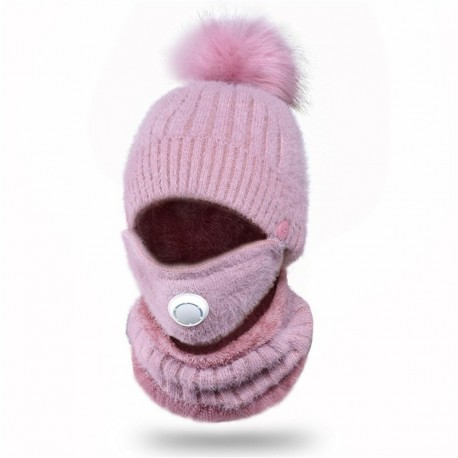 Rózsaszín - UK_ női téli meleg kötött sapka Pompon kalap sál nyakbőr arcvédő készlet