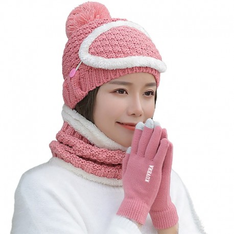 Rózsaszín - UK_ NŐI Téli meleg gyapjú sapka sapka arcvédő BIB kesztyű nyakbetét szett SMART