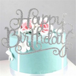 Happy Birthday - Ezüst színű csillogós akril tortadísz szülinapra - 1