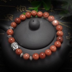 Piros és barna gyöngyök, ezüst Buddha ... - Férfi természetes lávakő drágakő gyöngy karkötő Buddha fej varázsa