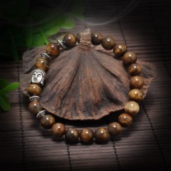 Barna gyöngyök, ezüst Buddha fej - Férfi természetes lávakő drágakő gyöngy karkötő Buddha fej varázsa gyöngyös