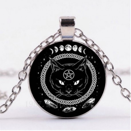 Nincs szín - Retro fekete macska Pentagram Photo Cabochon üveg medál lánc nyaklánc ékszer