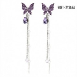 Lila - Amerikai édes csillogó strasszos pillangós fülbevalók hosszú gyöngyláncos bojt csepp dangle