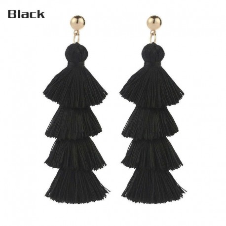 * 5 Fekete - Női divat cseh fülbevalók Vintage hosszú rojtos bojt Boho Dangle fülbevalók