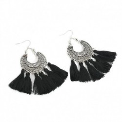 * 7 Fekete - Női divat cseh fülbevalók Vintage hosszú rojtos bojt Boho Dangle fülbevalók