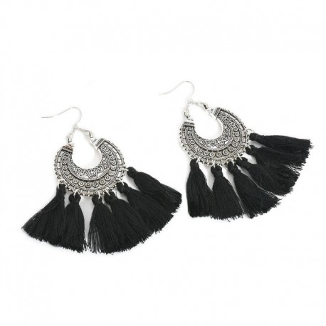 * 7 Fekete - Női divat cseh fülbevalók Vintage hosszú rojtos bojt Boho Dangle fülbevalók