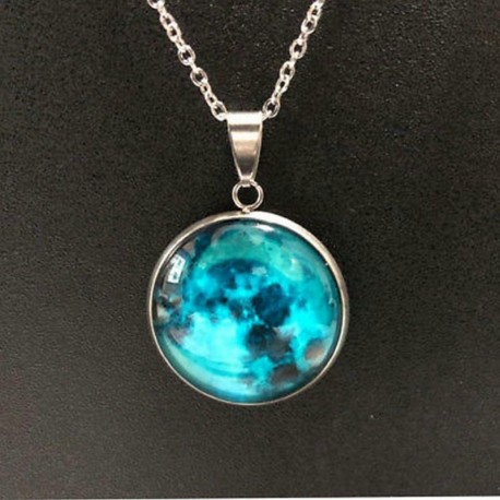 Kék fluoreszkáló felkelő hold - Vintage Retro Punk Cabochon üveg medál ezüst bronz lánc nyaklánc ékszer