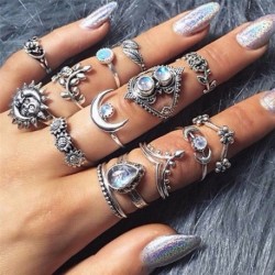 Nincs szín - 14 db / készlet Boho Retro Moon & Sun Knuckle Opal Finger Ring Leaf Flower Midi Gyűrűk