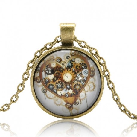Nincs szín - Vintage Retro Steampunk szív fotó Cabochon üveg bronz lánc medál nyaklánc