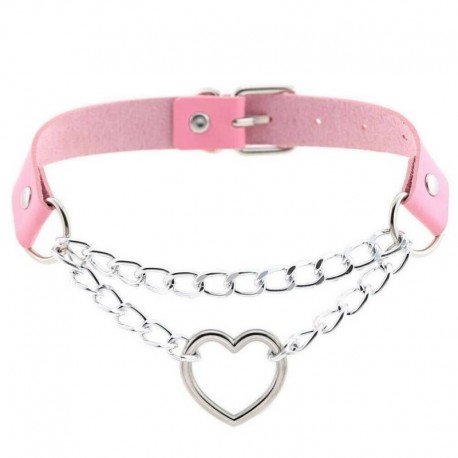 Rózsaszín - Női punk choker nyaklánc gallér PU bőr gótikus szív hosszú lánc Egyesült Királyság