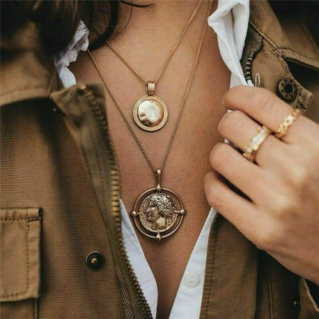 * 208 Trendi arany érme nyaklánc ... - Boho női többrétegű arany ezüst lánc medál Crystal Choker nyaklánc ékszer