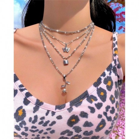 * 7 Ezüst rózsa zár nyaklánc - Boho női többrétegű arany ezüst lánc medál Crystal Choker nyaklánc ékszer