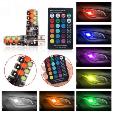 2db T10 w5w RGB LED izzó 12SMD COB canbus 194 168 autó távirányítóval vakuval / strobe olvasó ékfénnyel