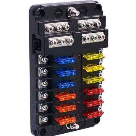 12-utas autóbiztosíték-doboz 6 és 6-os kimeneti autóbiztosíték-doboz Univerzális automatikus biztosítékdoboz, LED