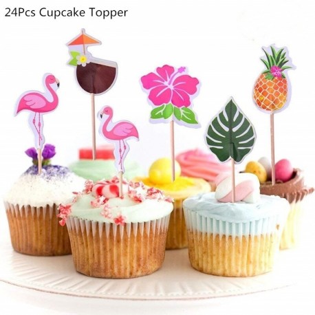 24db Cupcake Topper - Trópusi hawaii dekorációk Ananász Flamingo léggömbök Aloha füzérek Nyári Luau Party