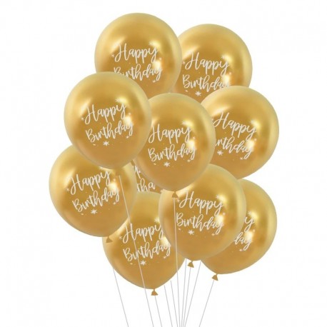 Arany - 10db 12 hüvelykes boldog születésnapot nyomtatott króm metál latex lufi hélium fém globos gyerekek születésnapi