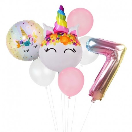 7. szám beállítva - Szivárvány egyszarvú lufi szám fólia Globos gyerek lány 1. egyszarvú születésnapi party