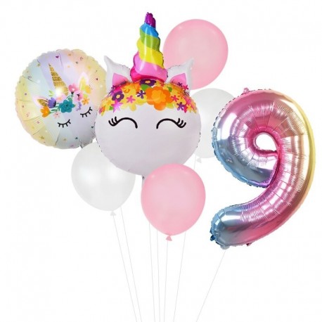 9. szám beállítva - Szivárvány egyszarvú lufi szám fólia Globos gyerek lány 1. egyszarvú születésnapi party