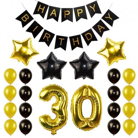 Fekete arany-30 - Születésnapi party dekorációs készlet boldog születésnapot szalagcím héliumszám léggömb gyerek