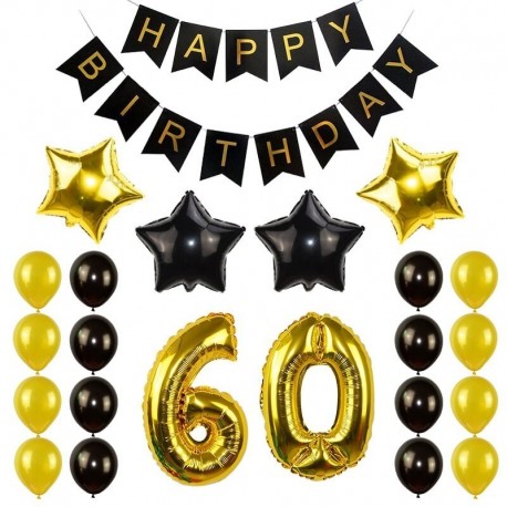 Fekete arany-60 - Születésnapi party dekorációs készlet boldog születésnapot szalagcím héliumszám léggömb gyerek