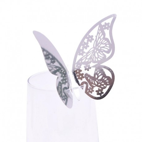 fényes ezüst - 50db pillangó név helykártya borospohár pohár papírkártya esküvői születésnapi dekorációs asztal