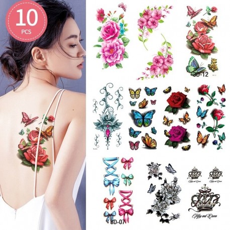 10 DB - 10db Vízálló ideiglenes tetováló matrica Virág Rózsa Flash tetoválások Body Art kar mellkas hamis ujjú