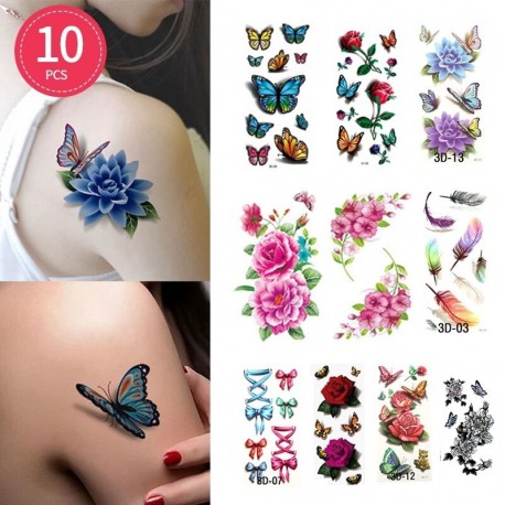 10 DB - 10db Vízálló ideiglenes tetováló matrica Virág Rózsa Flash tetoválások Body Art kar mellkas hamis ujjú