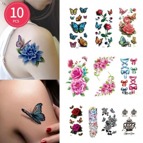 10 DB - 10db Vízálló ideiglenes tetováló matrica Virág Rózsa Flash tetoválások Body Art kar mellkas hamis ujjú