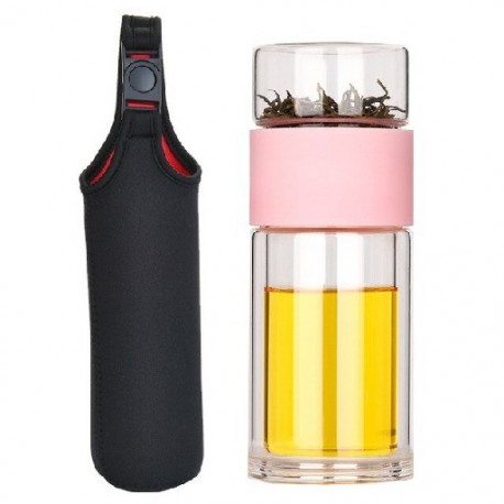 Szín: rózsaszín tokkal - Kiváló minőségű dupla üvegű kulacs tokkal Tea Vizes palack Környezetbarát Drink Infuser