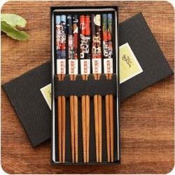 Szín: A - 5 Pasang Set Dapat Digunakan Kembali Buatan Tangan Bambu Jepang Kayu Alami Kayu Potongan Tongkat Sumpit Hadiah Kotak