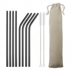 Szín: 11 db fekete - Sedotan Minum Logam 304 Baja Tahan Karat Warna-warni S Dapat Digunakan Kembali Bengkok Lurus dengan Kuas