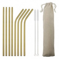 Szín: 11 db arany - Sedotan Minum Logam 304 Baja Tahan Karat Warna-warni S Dapat Digunakan Kembali Bengkok Lurus dengan Kuas