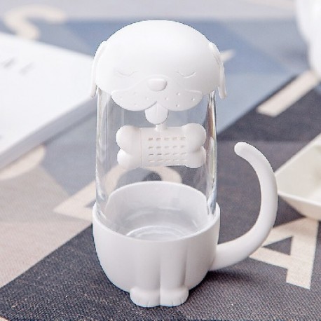 Szín: fehér kutya - 280 ml Cangkir Teh Kaca Anjing és Kucing Lucu dengan Saringan Infuser Ikan Gelas Kantor Hadiah Baru Gelas