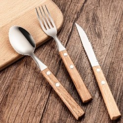 Szín: A-3db - 3db 304 rozsdamentes acél kreatív étkészlet Kreatív fa nyelű kanál készlet kanál steak kés villa kanál
